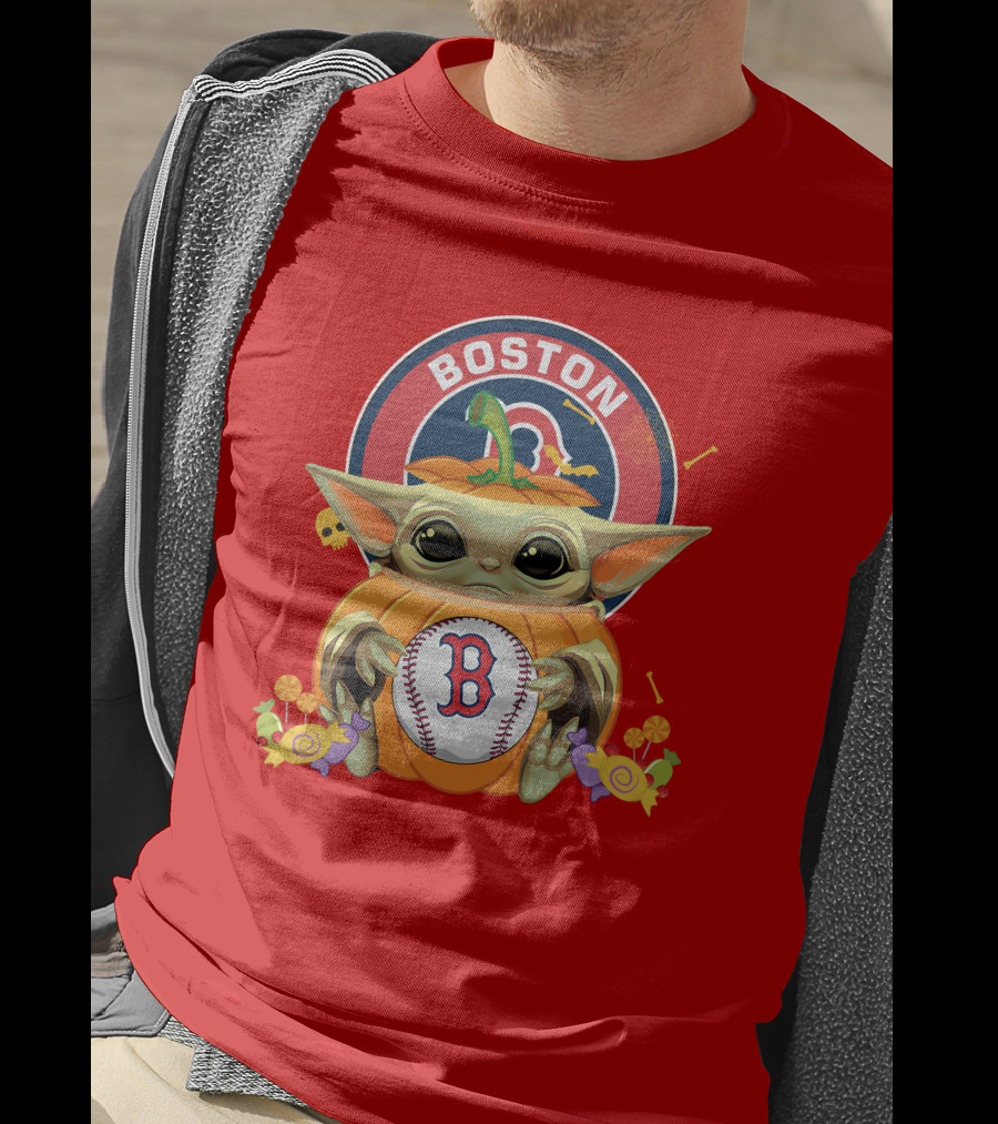 Boston Red Sox Halloween Baby Yoda Pumpkin Hug T-Shirt