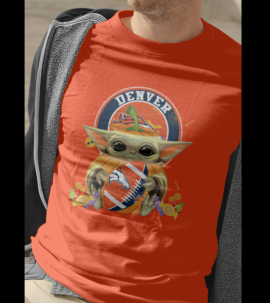 Halloween Pumpkin Baby Yoda Holding Denver Broncos Football Logo With Candy And Skulls T-Shirt
