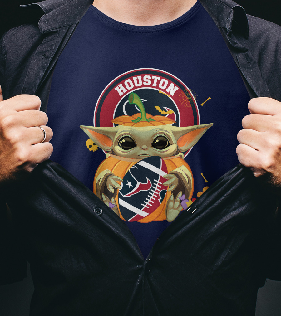 Halloween Pumpkin Baby Yoda Holding Houston Texans Logo Sphere T-Shirt