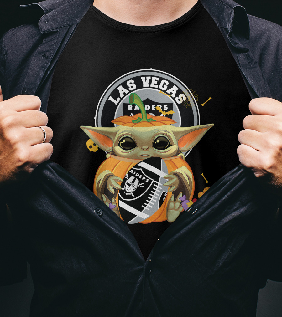Halloween Pumpkin Baby Yoda Holding Las Vegas Raiders Football T-Shirt