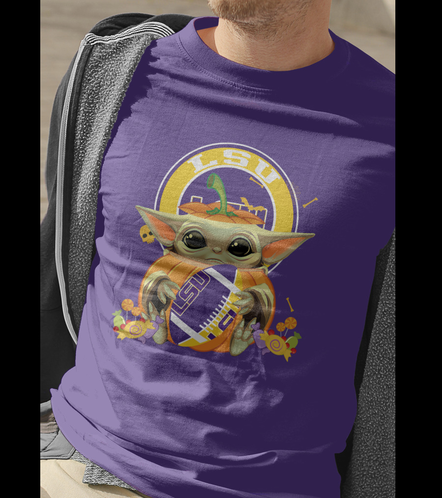 LSU Tigers Halloween Pumpkin Baby Yoda Hug Football T-Shirt