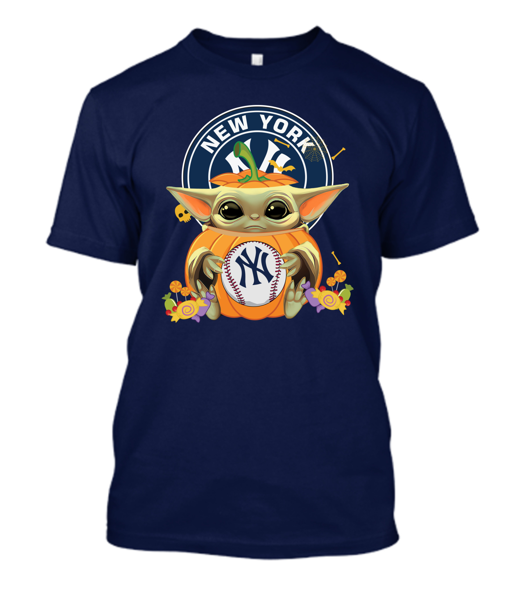 Halloween Pumpkin Baby Yoda Holding New York Yankees Baseball T-Shirt