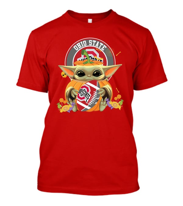 Halloween Pumpkin Ohio State Buckeyes Baby Yoda Hug Football T-Shirt