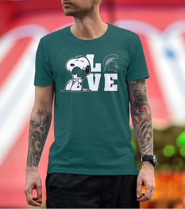 Premium T-Shirt: Snoopy Hugging Heart with Michigan State Spartans Helmet LOVE T-Shirt Snoopy Hugging Heart with Michigan State Spartans Helmet LOVE T-Shirt
