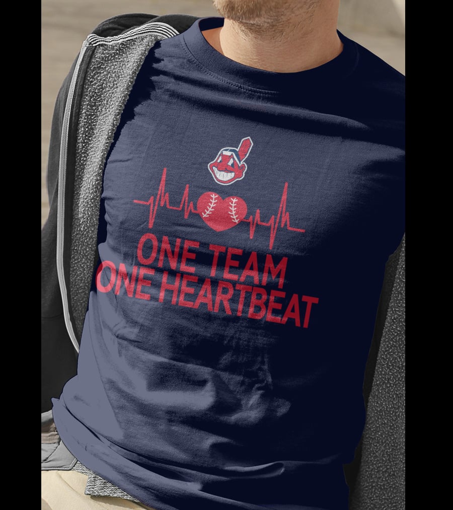Cleveland Indians One Team One Heartbeat Baseball Heartbeat Line Chief Wahoo T-Shirt