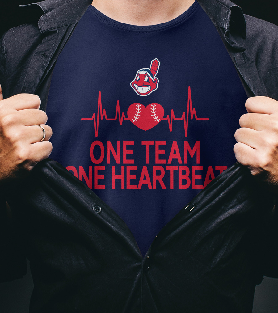 Cleveland Indians One Team One Heartbeat Baseball Heartbeat Line Chief Wahoo T-Shirt