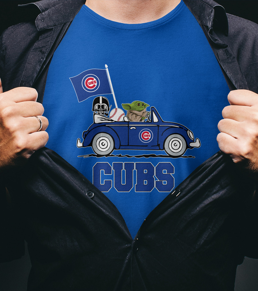 Chicago Cubs Darth Vader Baby Yoda Driving Star Wars Crossover T-Shirt