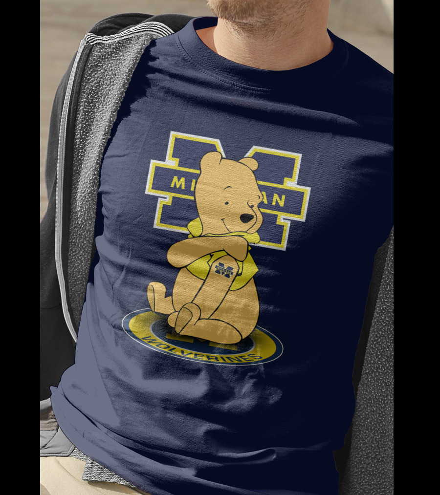 Michigan Wolverines Pooh Bear Sitting On Logo Badge T-Shirt