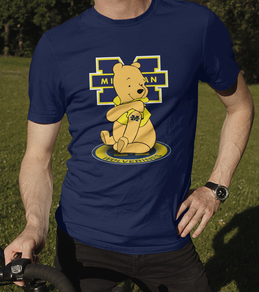 Michigan Wolverines Pooh Bear Sitting On Logo Badge T-Shirt