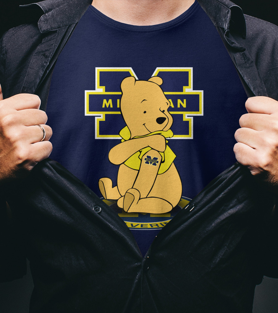Michigan Wolverines Pooh Bear Sitting On Logo Badge T-Shirt