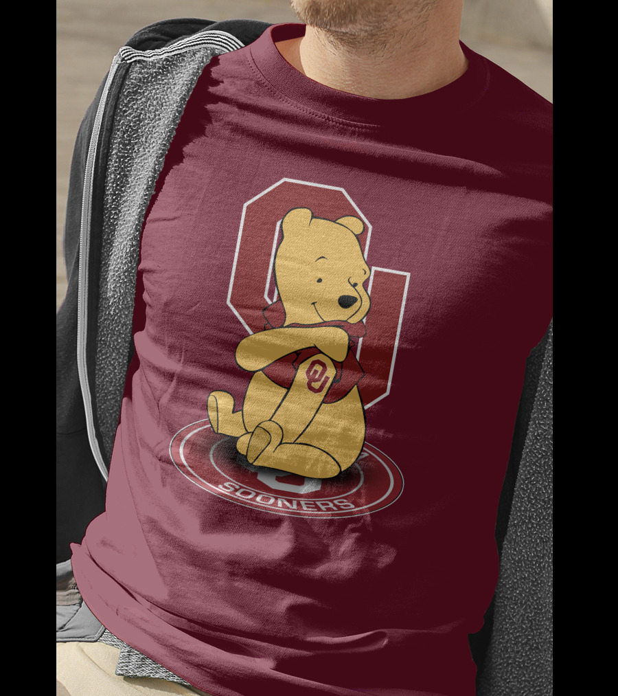 Winnie The Pooh With Oklahoma Sooners Logo And Letterman Jacket T-Shirt