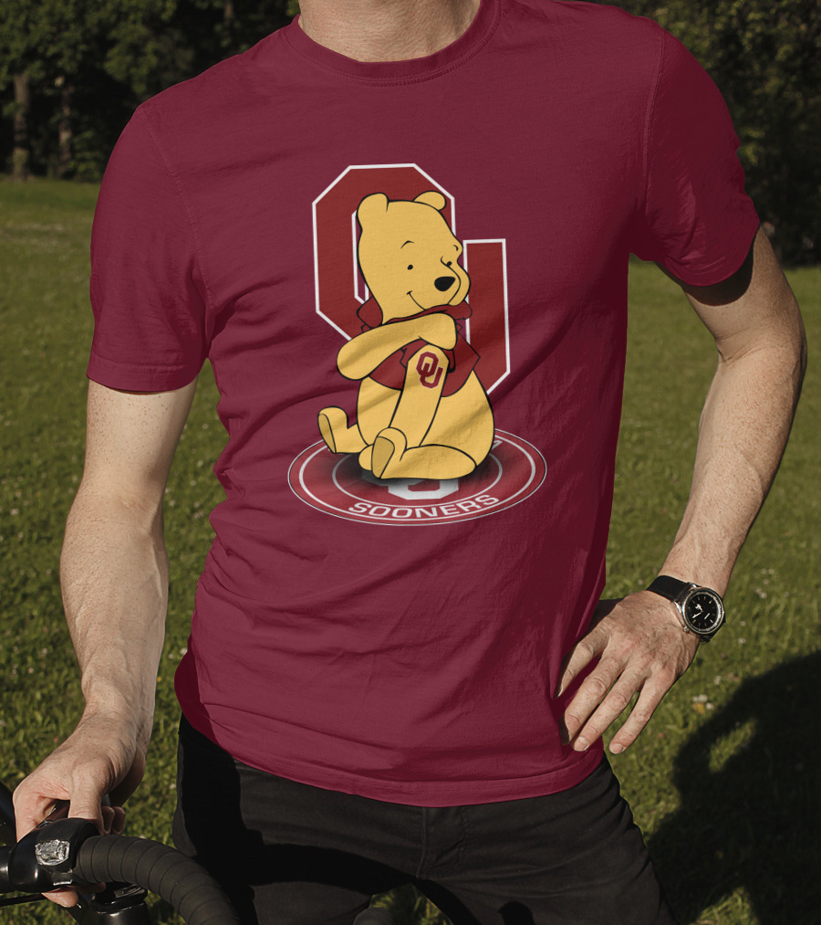 Winnie The Pooh With Oklahoma Sooners Logo And Letterman Jacket T-Shirt