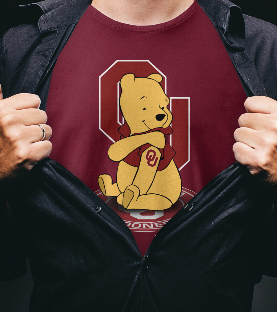 Winnie The Pooh With Oklahoma Sooners Logo And Letterman Jacket T-Shirt
