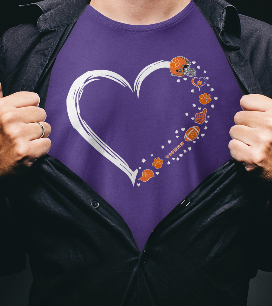 Clemson Tigers Heart Helmet Paws Football Fan Love T-Shirt