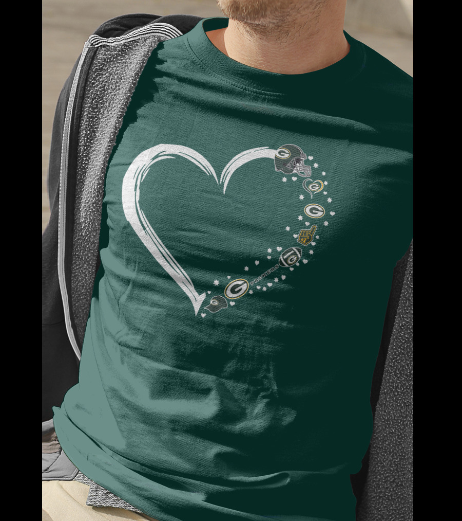 Green Bay Packers Heart With Logos And Helmet T-Shirt