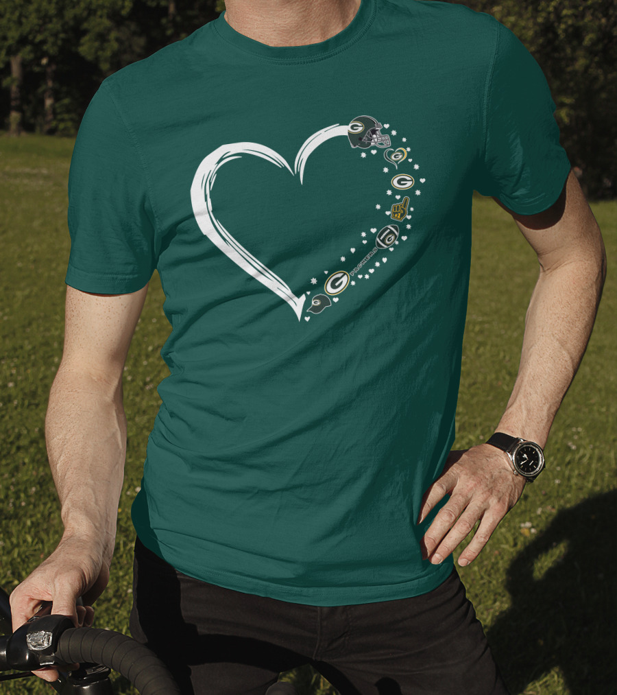 Green Bay Packers Heart With Logos And Helmet T-Shirt