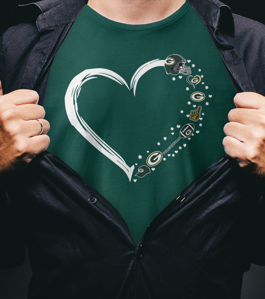 Green Bay Packers Heart With Logos And Helmet T-Shirt