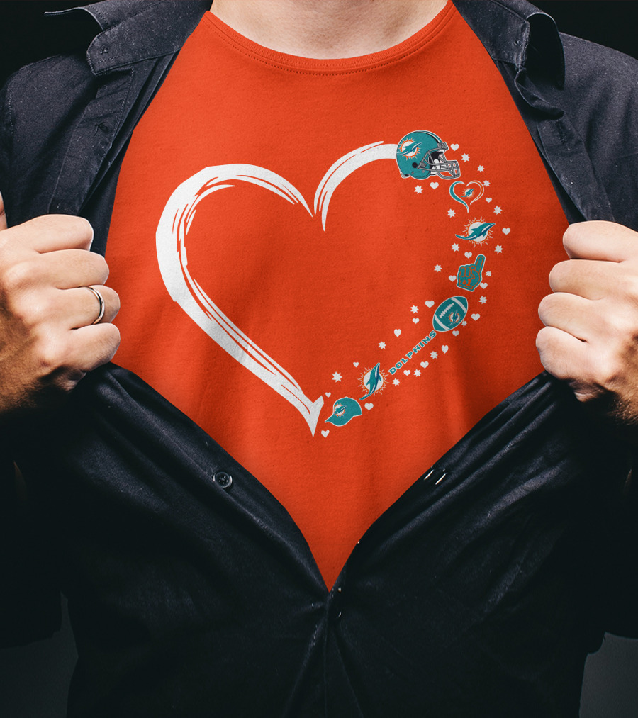 Miami Dolphins Heart Design With Helmets T-Shirt