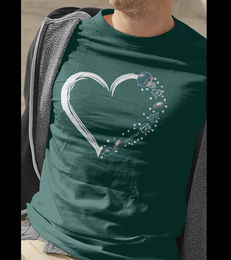Philadelphia Eagles Heart Design With Logo And Helmet Elements T-Shirt