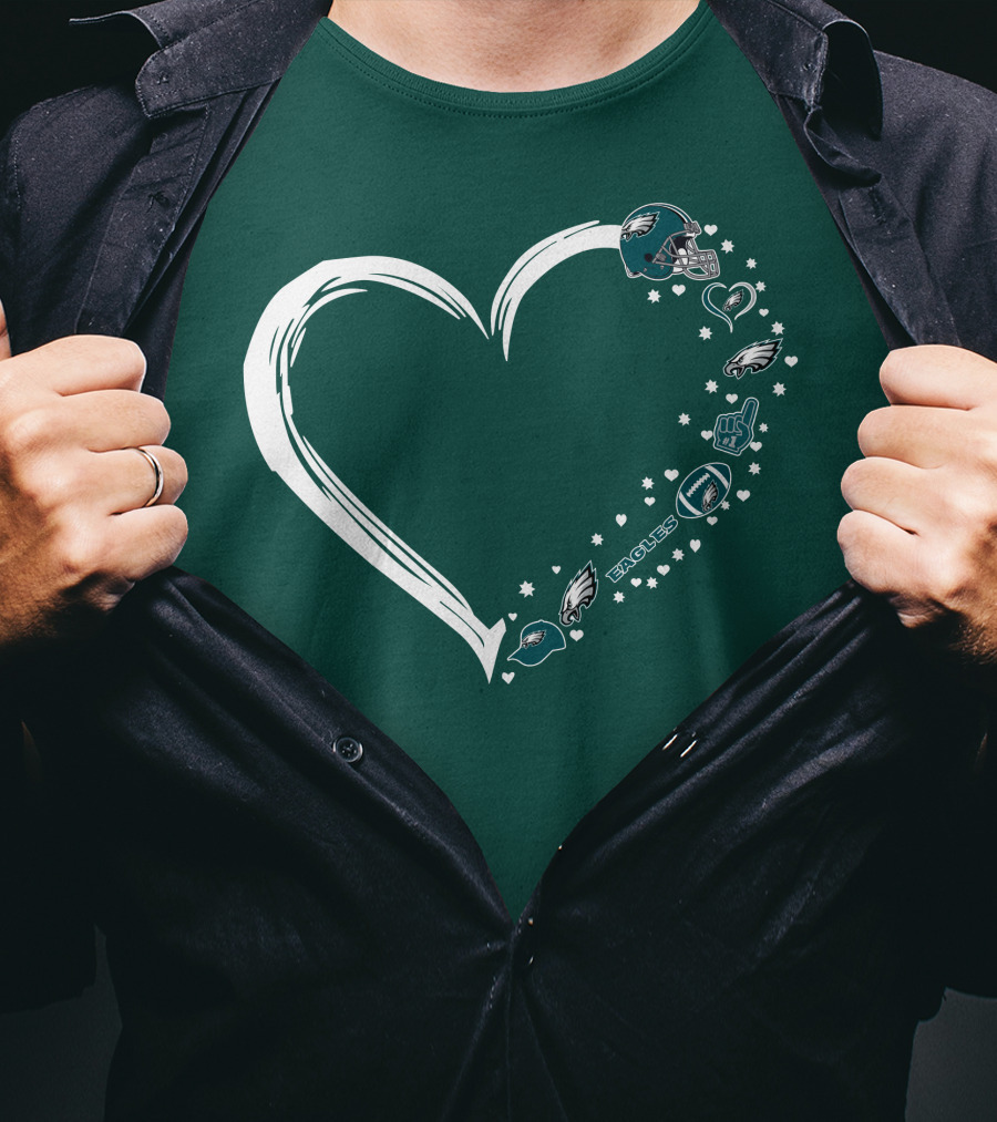Philadelphia Eagles Heart Design With Logo And Helmet Elements T-Shirt