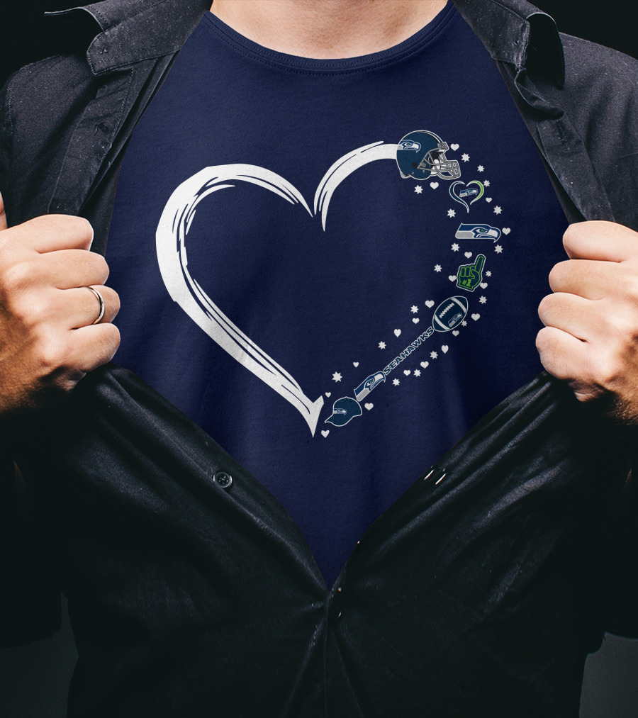 Seattle Seahawks Love Heart With Helmet And Football Symbols T-Shirt