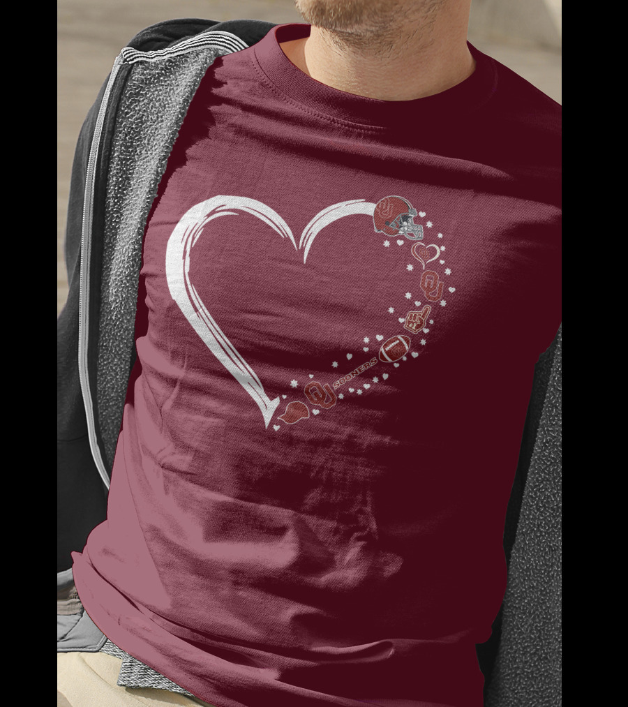 Oklahoma Sooners Heart Design With Helmets And Footballs T-Shirt