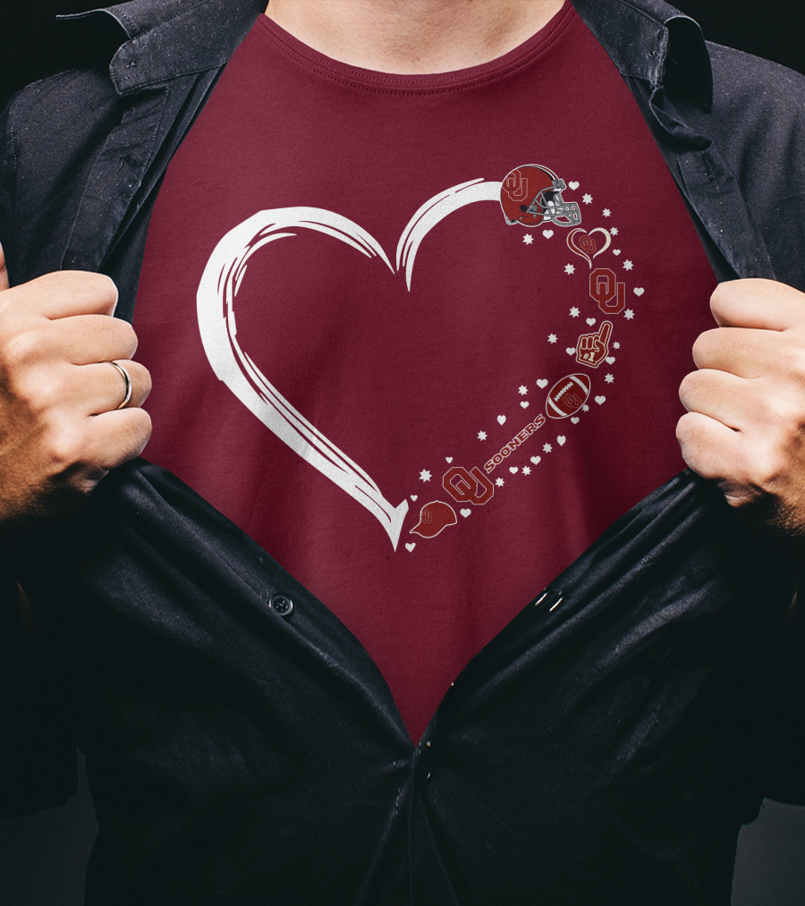 Oklahoma Sooners Heart Design With Helmets And Footballs T-Shirt