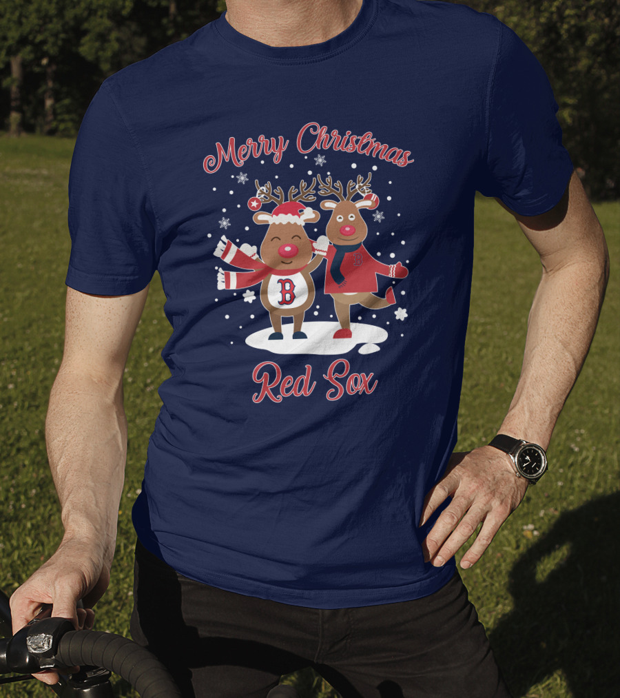 Merry Christmas Red Sox Reindeer With Snowflakes And Baseball Gear T-Shirt
