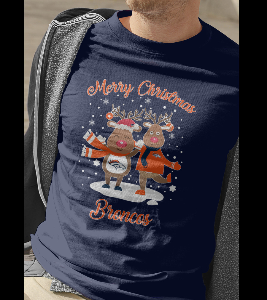 Merry Christmas Broncos Reindeer Snowflakes T-Shirt