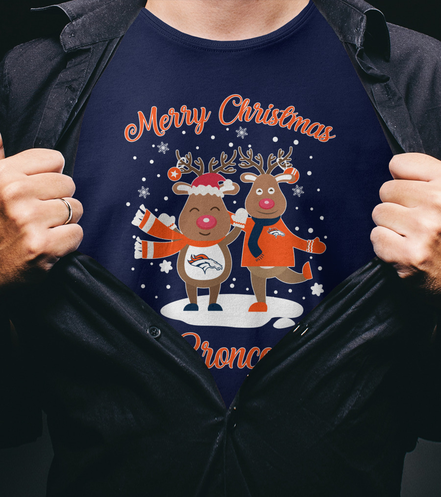 Merry Christmas Broncos Reindeer Snowflakes T-Shirt