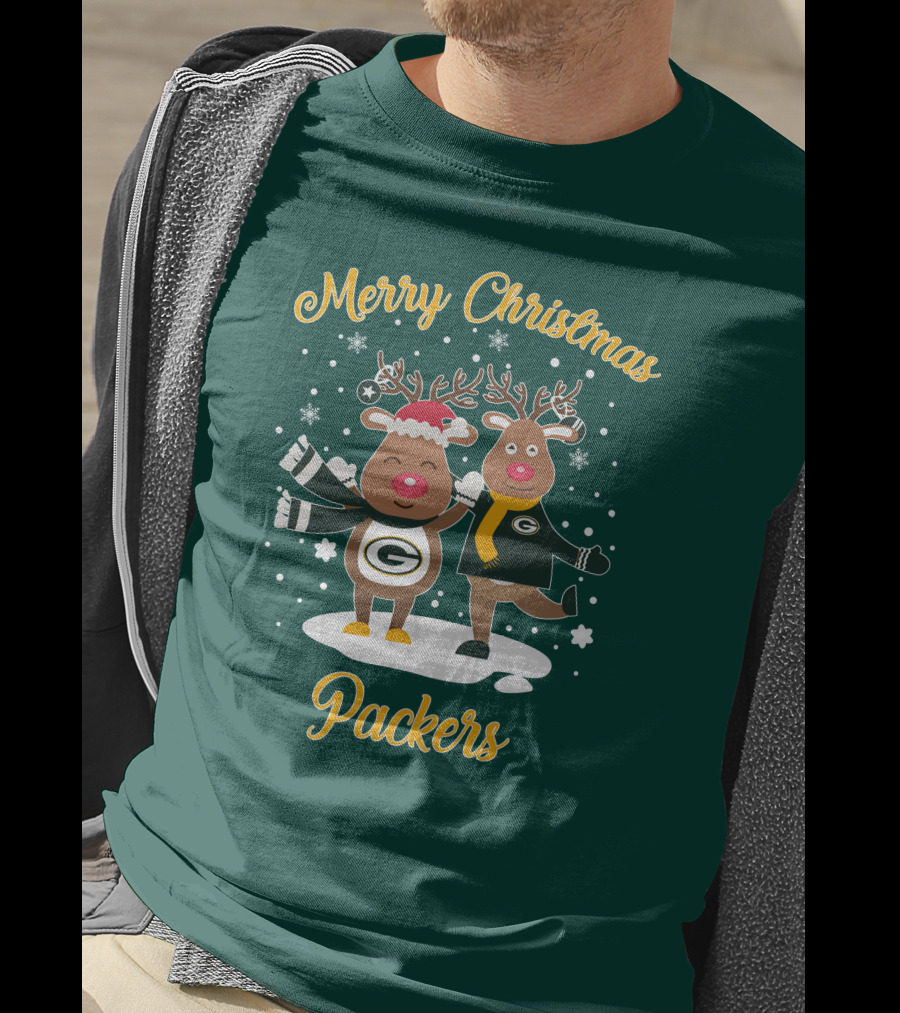 Merry Christmas Packers Reindeer With Green Bay Logo Winter Scene T-Shirt