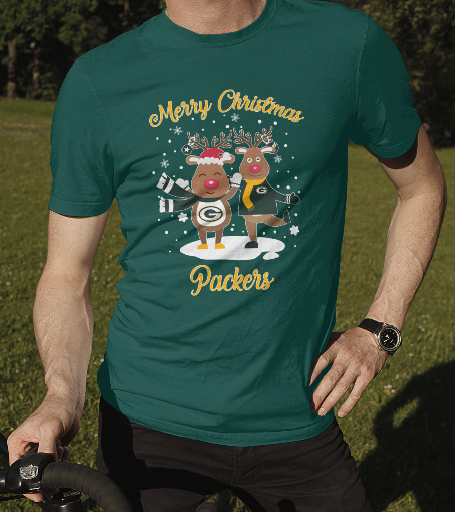 Merry Christmas Packers Reindeer With Green Bay Logo Winter Scene T-Shirt