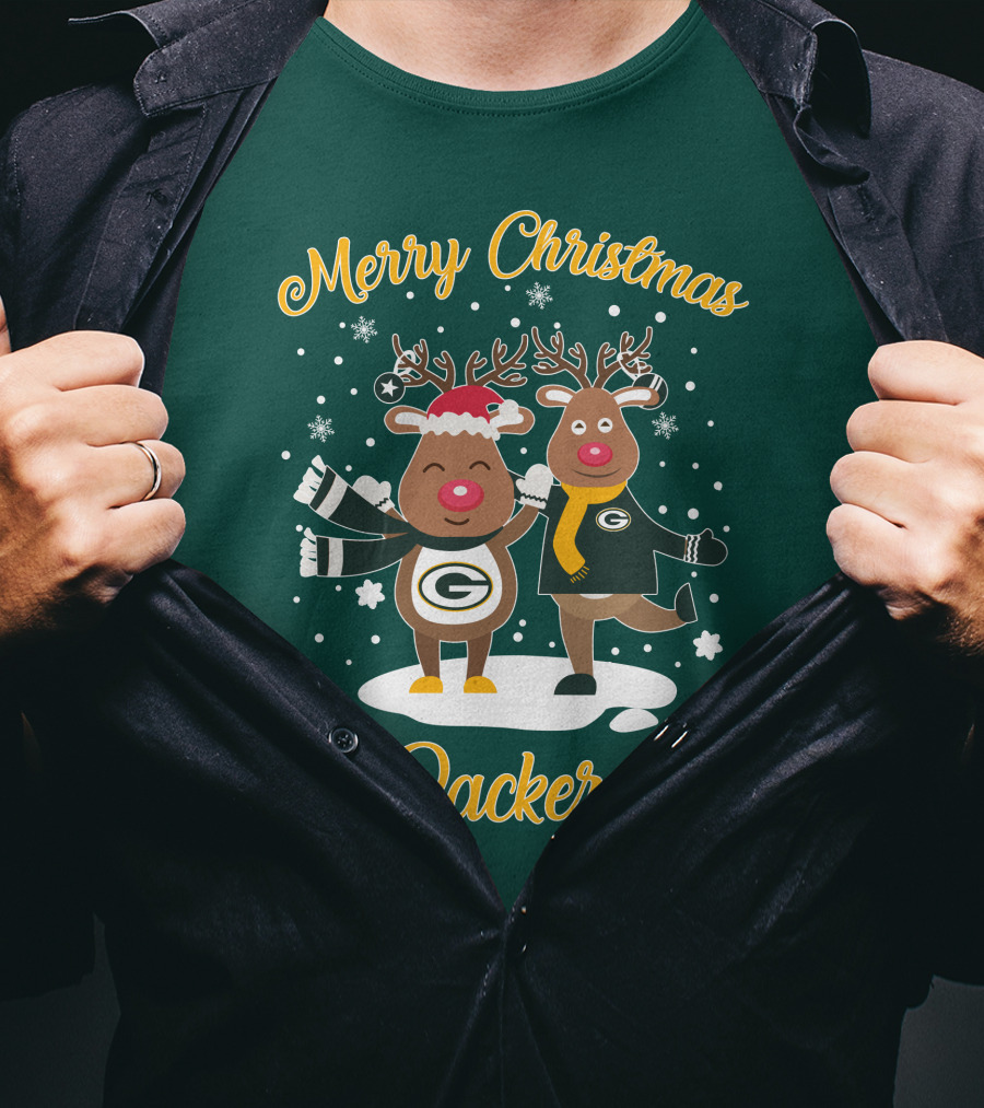 Merry Christmas Packers Reindeer With Green Bay Logo Winter Scene T-Shirt