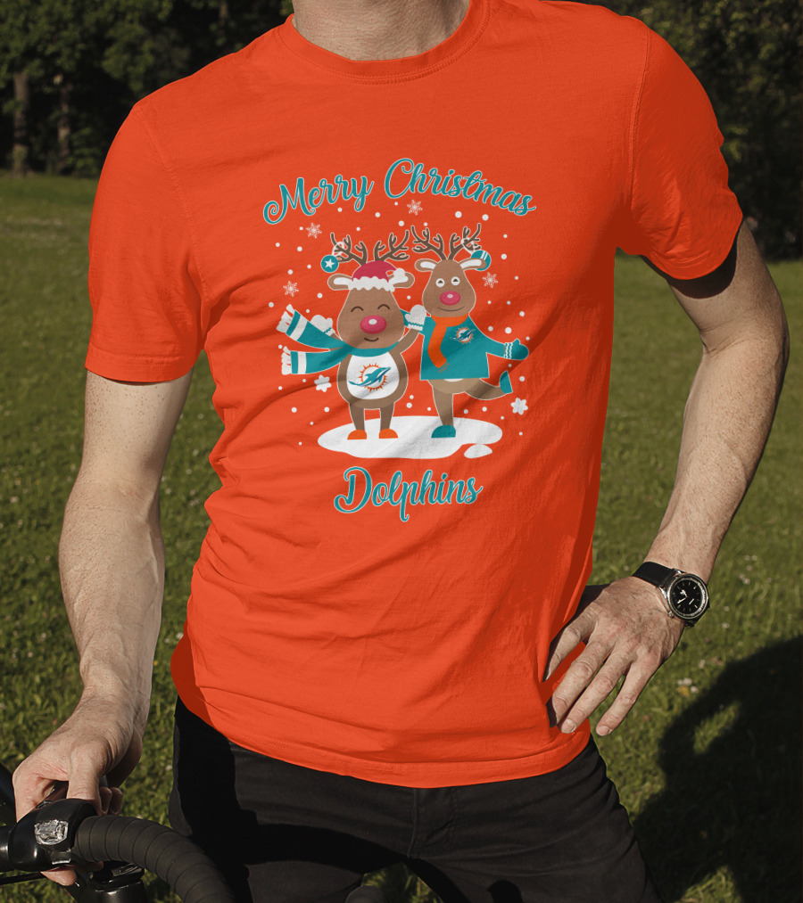 Merry Christmas Dolphins Reindeer Snowflakes T-Shirt