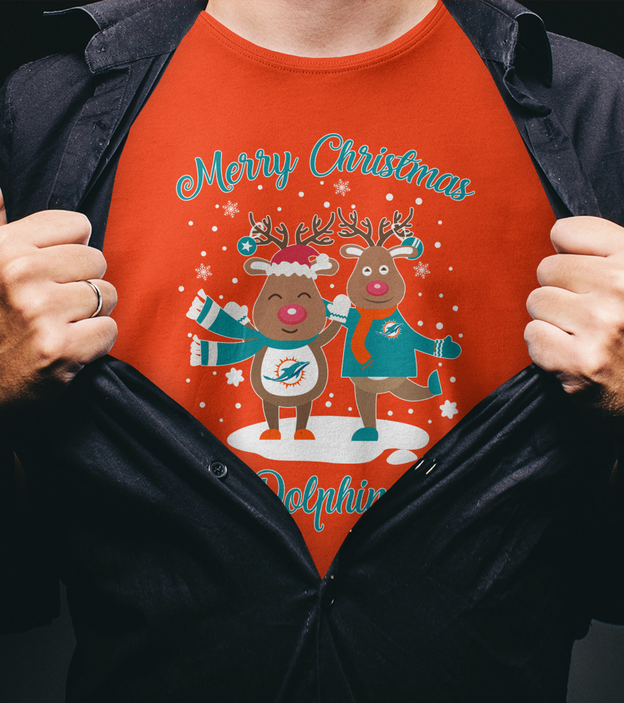 Merry Christmas Dolphins Reindeer Snowflakes T-Shirt