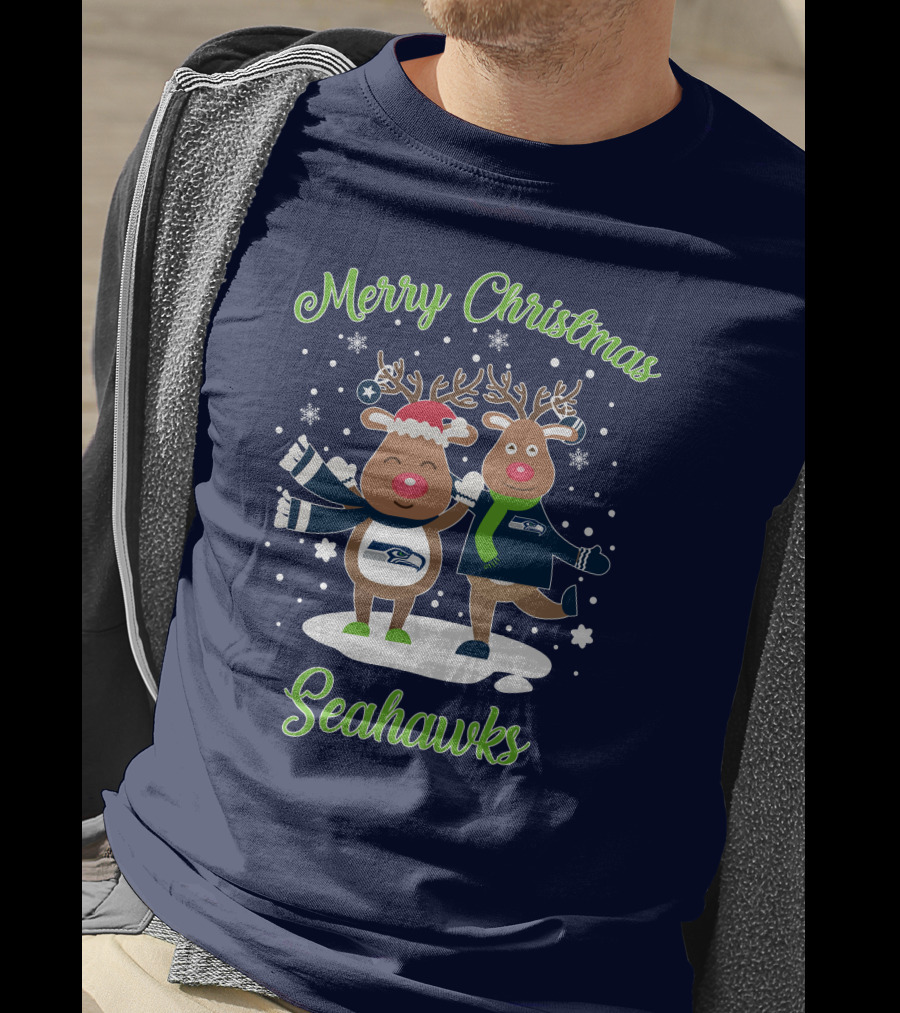 Merry Christmas Seattle Seahawks Reindeer Sweater Festive T-Shirt