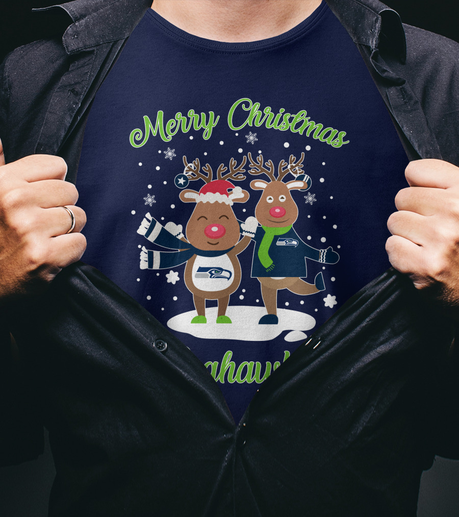 Merry Christmas Seattle Seahawks Reindeer Sweater Festive T-Shirt