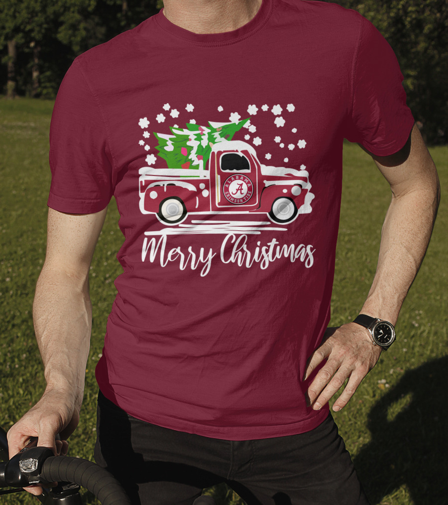 Merry Christmas Alabama Crimson Tide Vintage Truck Snowy Tree T-Shirt