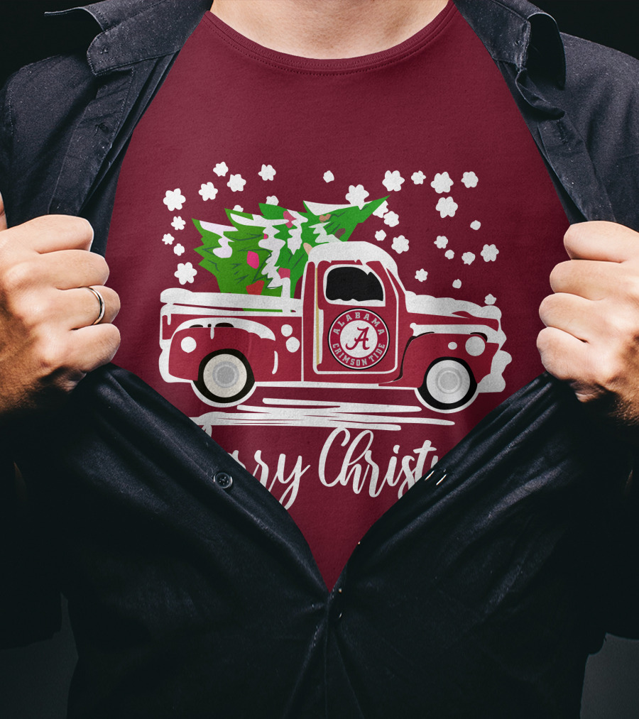 Merry Christmas Alabama Crimson Tide Vintage Truck Snowy Tree T-Shirt