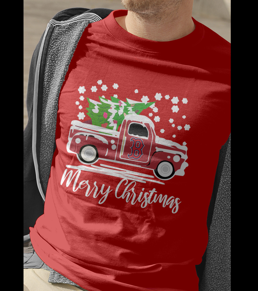 Boston Red Sox B Vintage Car Merry Christmas Tree Snowflakes T-Shirt