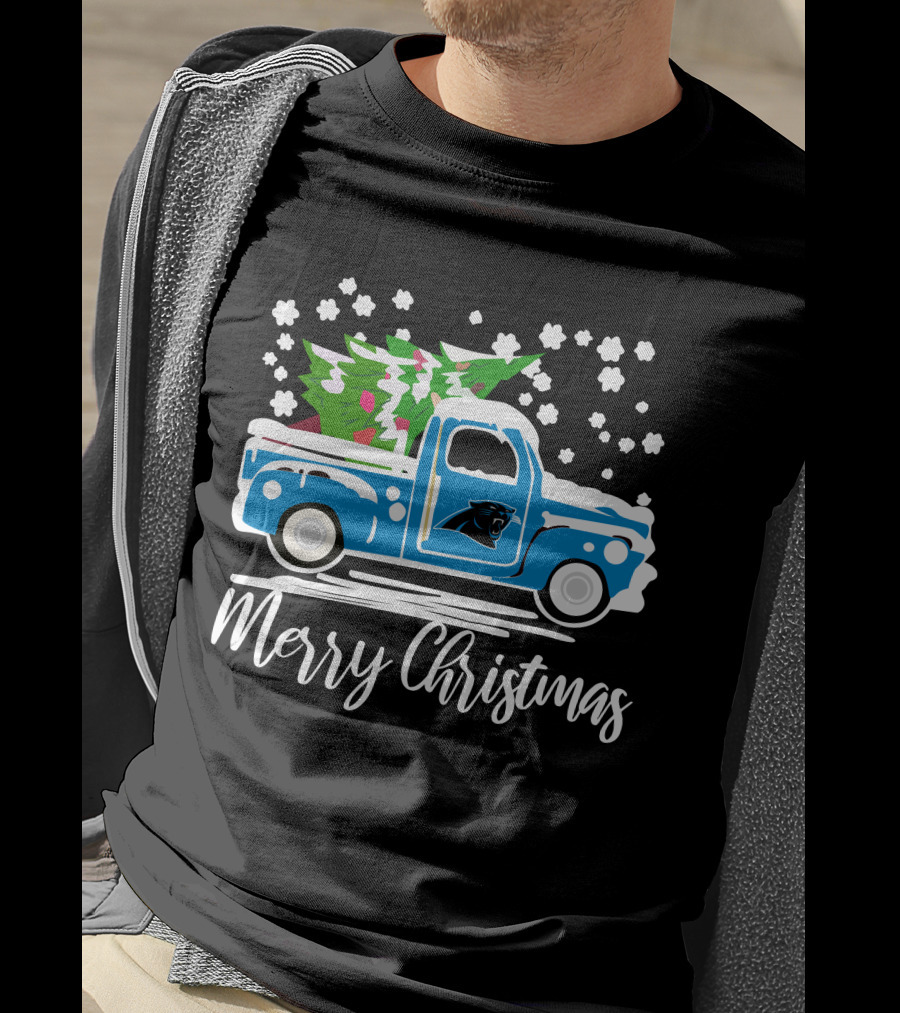 Carolina Panthers Vintage Truck Merry Christmas Snowflakes Tree T-Shirt