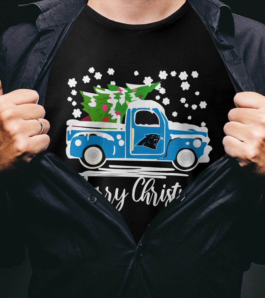 Carolina Panthers Vintage Truck Merry Christmas Snowflakes Tree T-Shirt