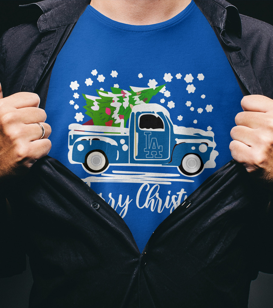 Los Angeles Dodgers LA Vintage Car Merry Christmas Snowflakes Tree T-Shirt