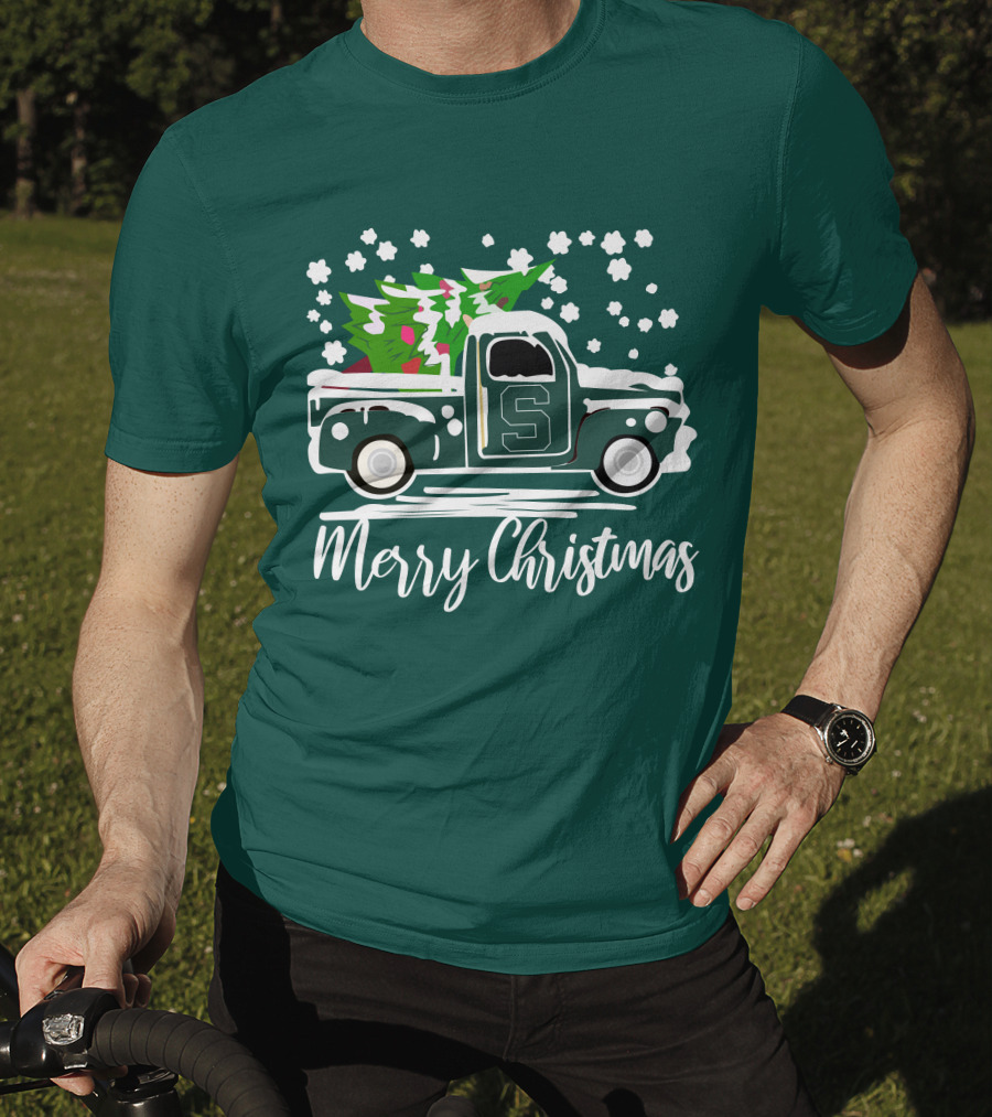 Merry Christmas Michigan State Spartans Vintage Car With Christmas Tree T-Shirt
