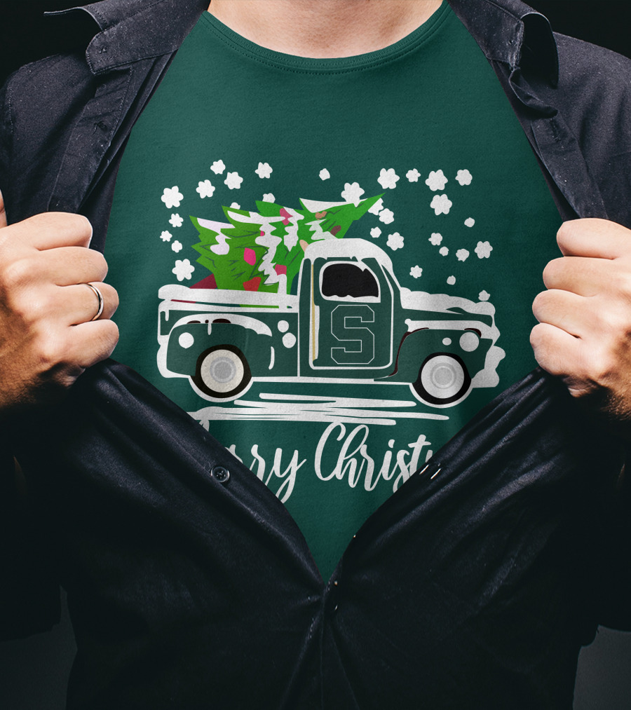 Merry Christmas Michigan State Spartans Vintage Car With Christmas Tree T-Shirt