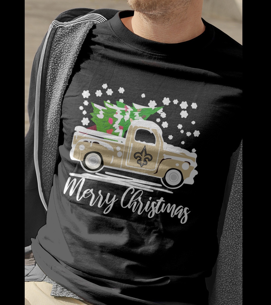 New Orleans Saints Vintage Car Merry Christmas Tree Snowflakes T-Shirt