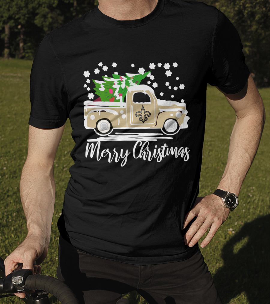 New Orleans Saints Vintage Car Merry Christmas Tree Snowflakes T-Shirt