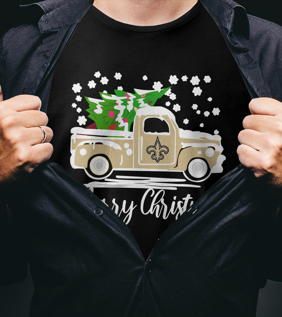 New Orleans Saints Vintage Car Merry Christmas Tree Snowflakes T-Shirt