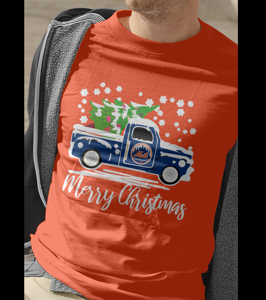 New York Mets Vintage Truck Merry Christmas Snowflakes T-Shirt