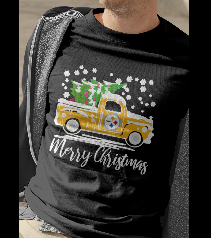 Pittsburgh Steelers Merry Christmas Vintage Car With Christmas Tree T-Shirt